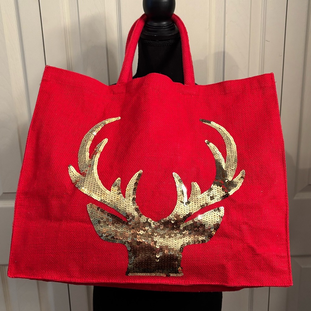 Red Tote Bag with Gold Sequin Deer Design